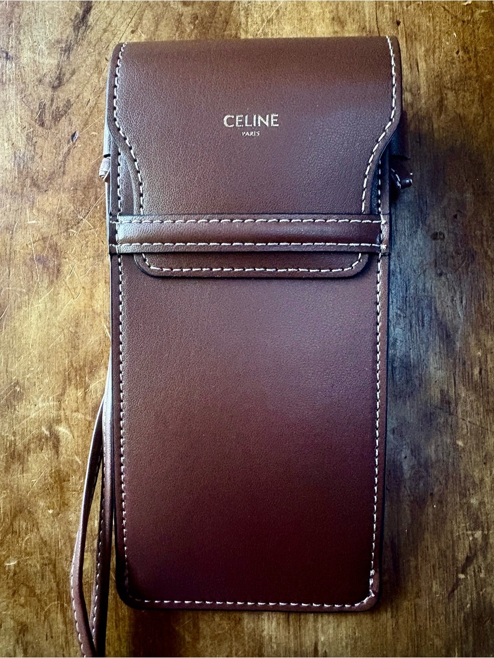CELINE Brown Leather Phone Pouch with Strap